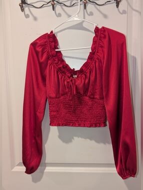 Red Satin Crop Top Smocked Women's Size Small Long Sleeve Holiday